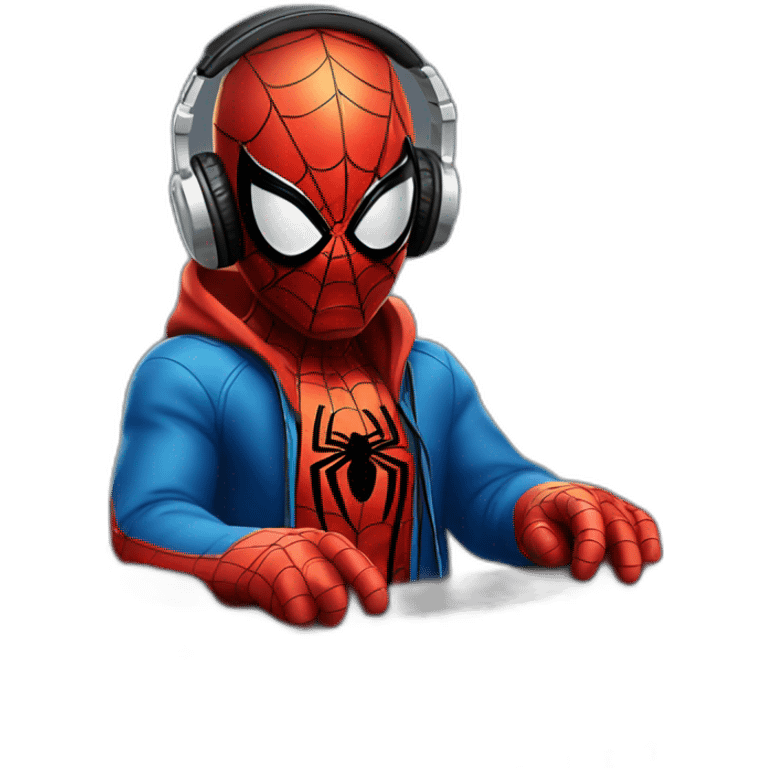 Spider-Man in headphones playing DJ mixer with piano emoji