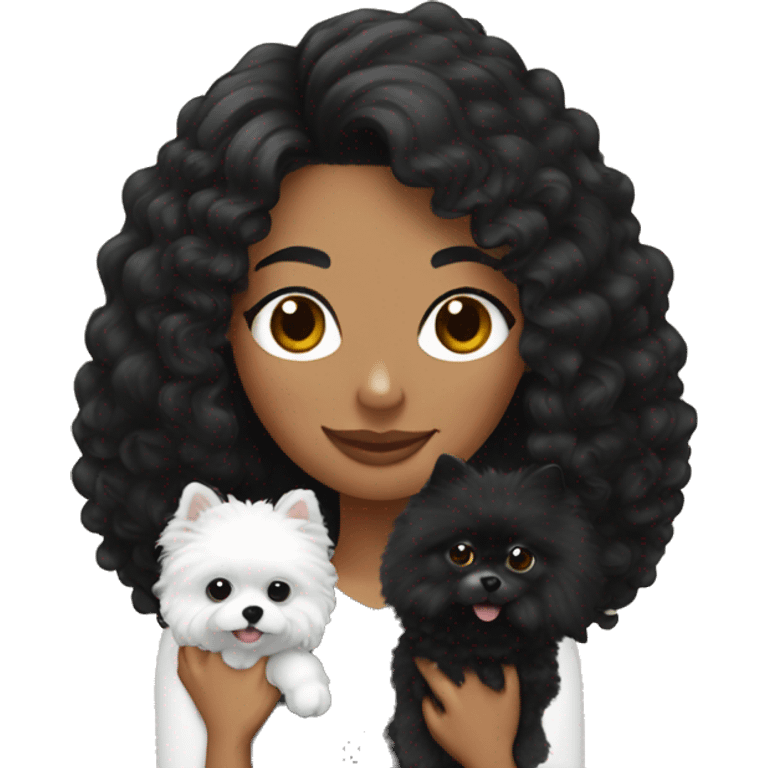 Woman with black curly hair holding black pomeranian emoji