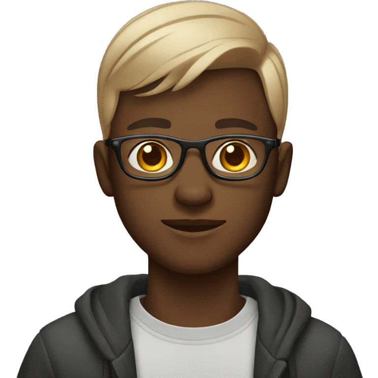 20-year-old boy, dark-skinned, wearing glasses, shaved hair with cell phone in hand  emoji