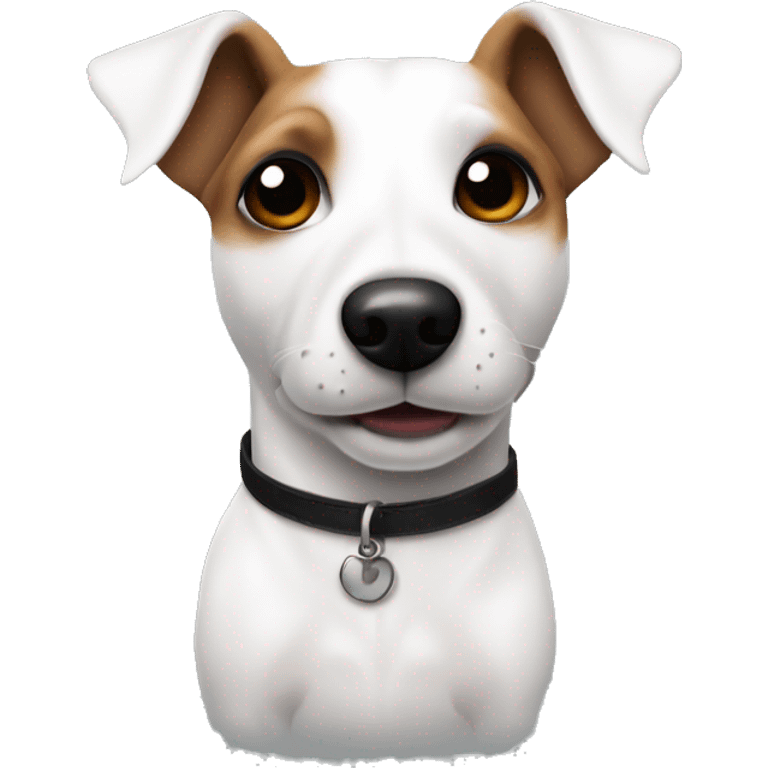 A white Jack Russell Terrier with erect ears and a black stripe under its right eye. emoji