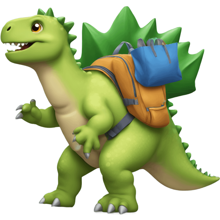 Stegosaurus carrying a backpack and a tote bag emoji