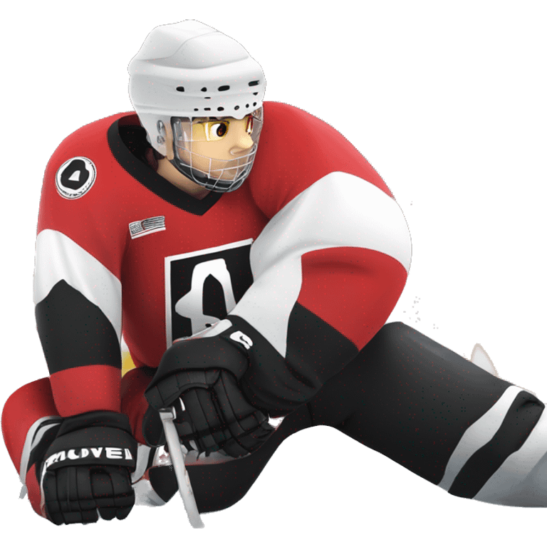 A wolf hockey player lies on the ice in a red white and black uniform A wolf hockey player lies on the ice in a red white and black uniform emoji