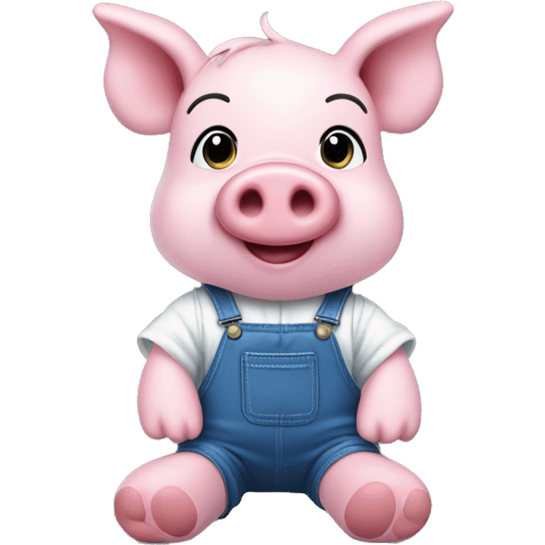 Soft toy pink pig, in blue overalls and white sleeves shirt, soft plush paws and legs, on the snout two crosses instead of nostrils, ears, no tail and hair, black eyes emoji