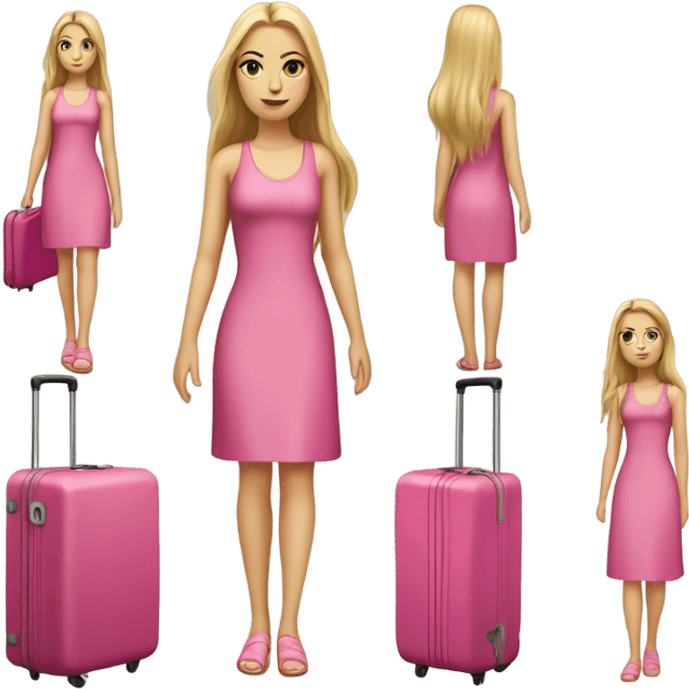 Realistic White girl with Long straight blonde hair and green eyes, tattoos, full body wearing pink dress, holding pink luggage emoji