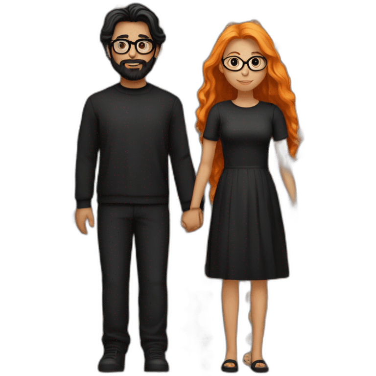 girl with long orange hair wearing all black and holding hands with boy with dark hair and beard and glasses emoji