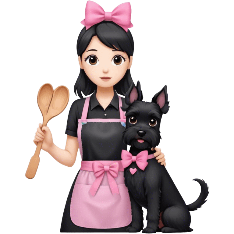 pale girl with long back hair wearing black long shirt wearing apron holding black  schnauzer with pink bow emoji