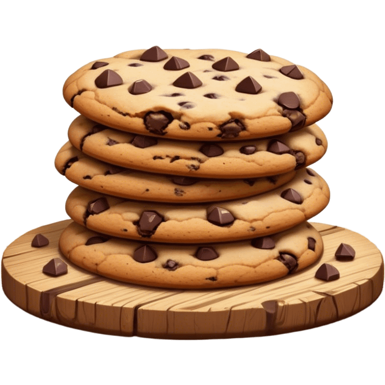 Cinematic crunchy chocolate chip cookies, freshly baked, golden-brown with gooey melted chocolate chunks, stacked on a rustic wooden plate, soft warm lighting, cozy and delicious. emoji