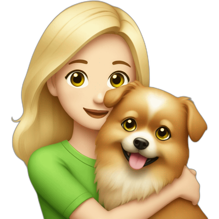 light-haired-girl-with-green-eyes-with-braces,-hugs-her-pomeranian-dog,-red Download emoji emoji