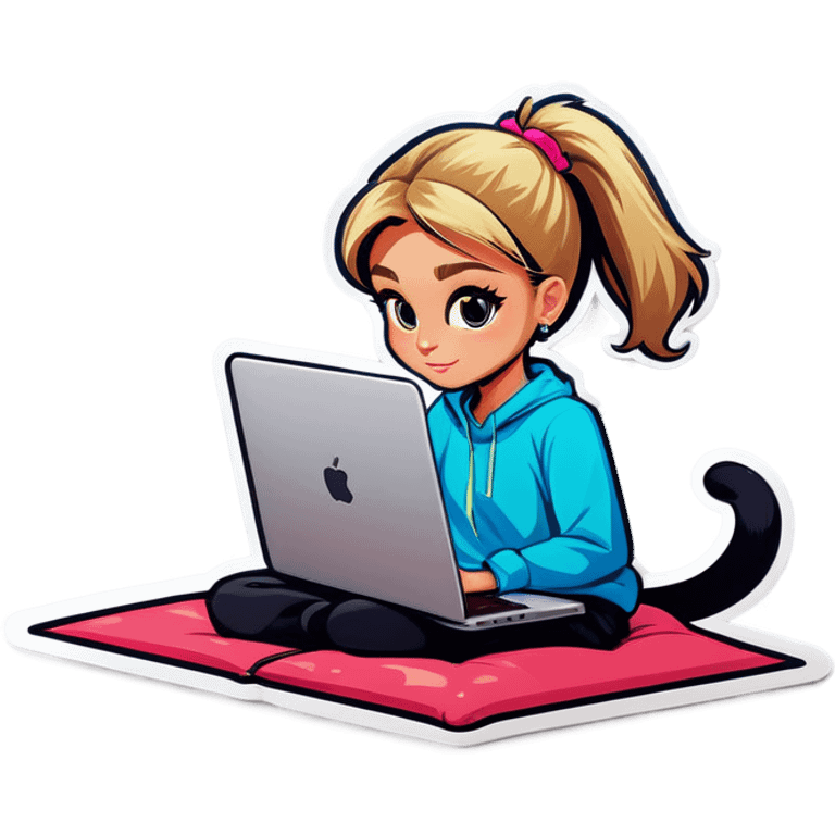 Blonde girl ponytail macBook and a cat emoji