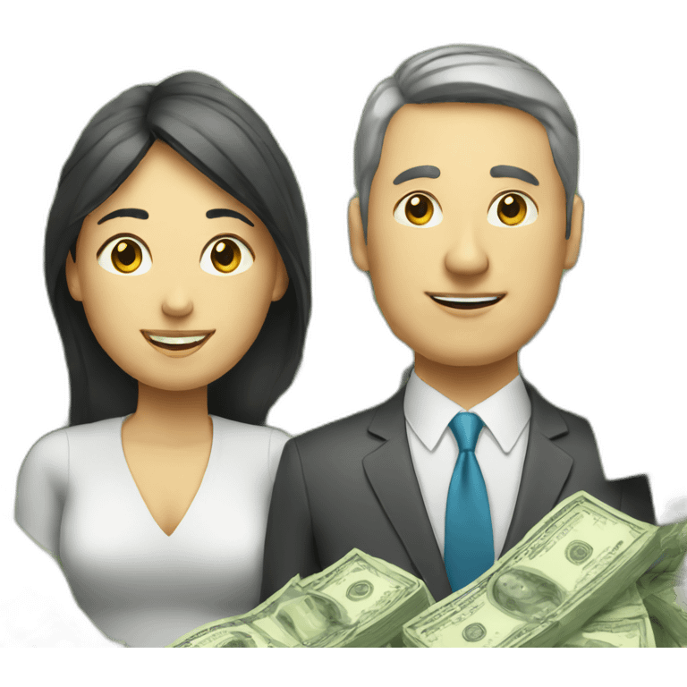 Woman and man with a lot of money from stock market emoji