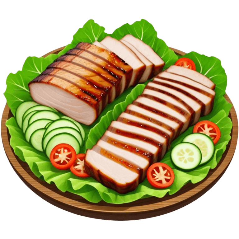 Samgyeopsal Cinematic Realistic Samgyeopsal Dish Emoji, depicted as slices of grilled pork belly served in crisp lettuce leaves with assorted fresh vegetables, rendered with dynamic textures and appetizing, natural lighting. emoji