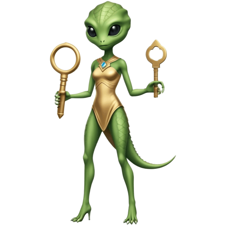 a reptilian alien woman full body, in gold dress, hold big key emoji