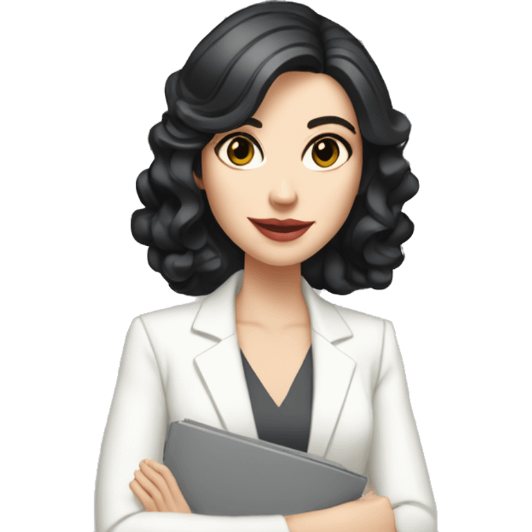 pale skin woman interior designer with cold blonde middle length black hair, gray eyes, White classical jacket, blouse, Gray skirt holding a color palette in the hands emoji