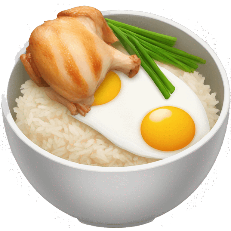 a bowl of rice with two eggs and chicken thigh emoji