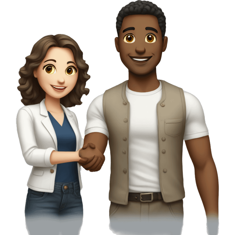 an adult restaurant owner and a young blogger shaking hands, both with fair skin, in great detail emoji