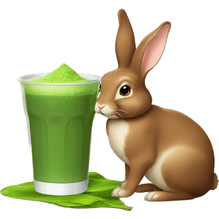 Flemish giant brown bunny drinking matcha emoji