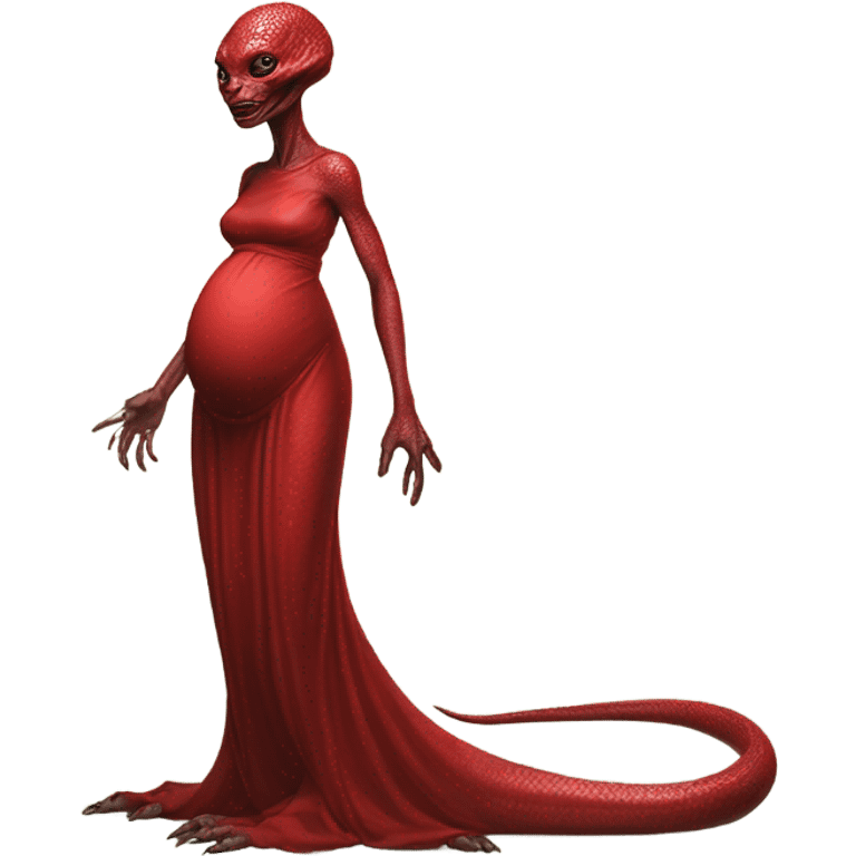 Pregnant Reptilian alien woman, full body in red dress emoji