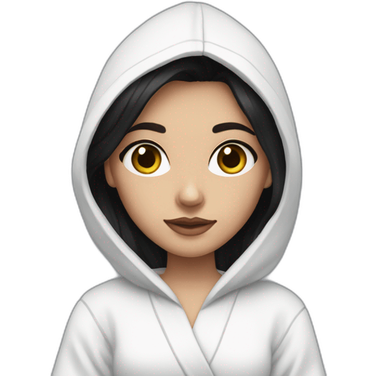 brunette girl with dark collected hair, in a white robe and black sweatpants dressed high emoji