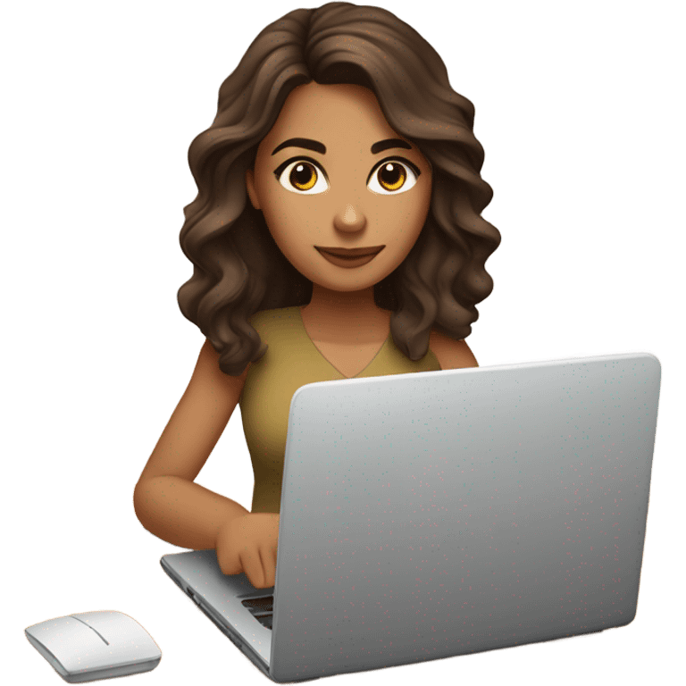 Beautiful girl,bark brown hair,wavy hair，long hair,Black eyes,Latina, typing on laptop  emoji