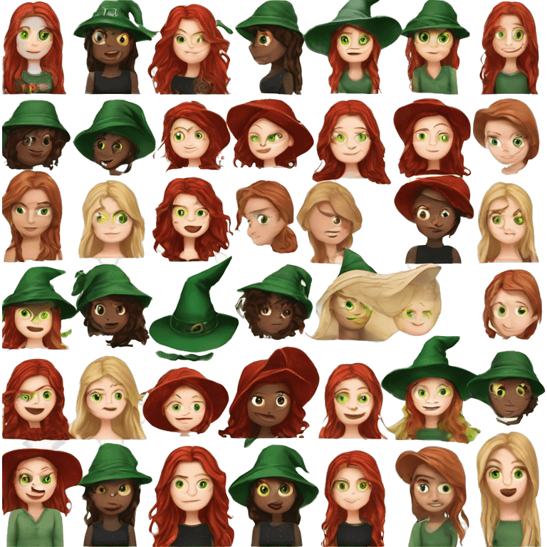 White girl long dark red hair green eyes green witch hat emoji