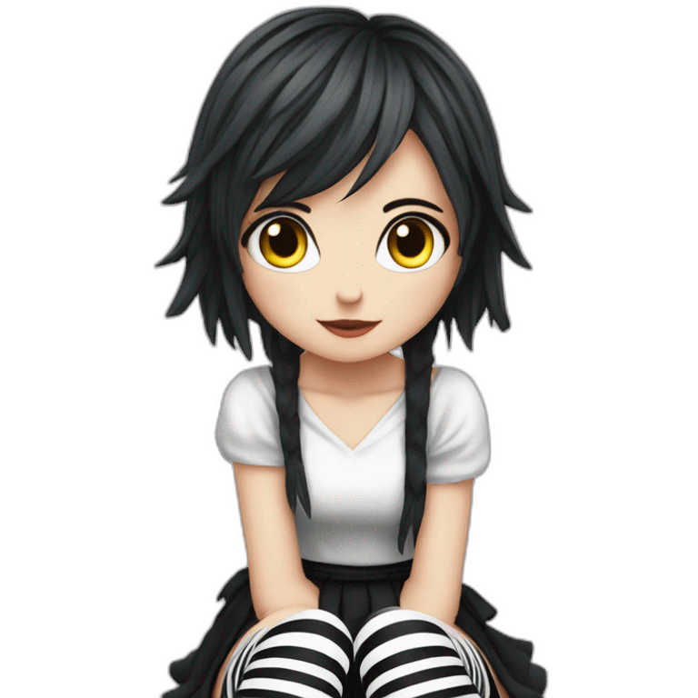 Frontal view curvy emo girl sits white skirt striped stockings hands up emoji