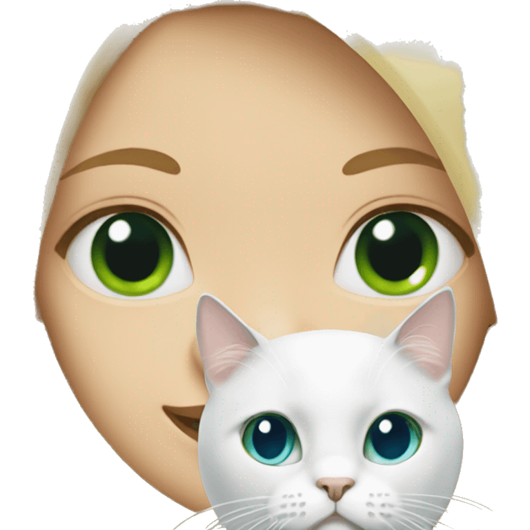 Blonde girl with green eyes holding white cat with blue eyes emoji