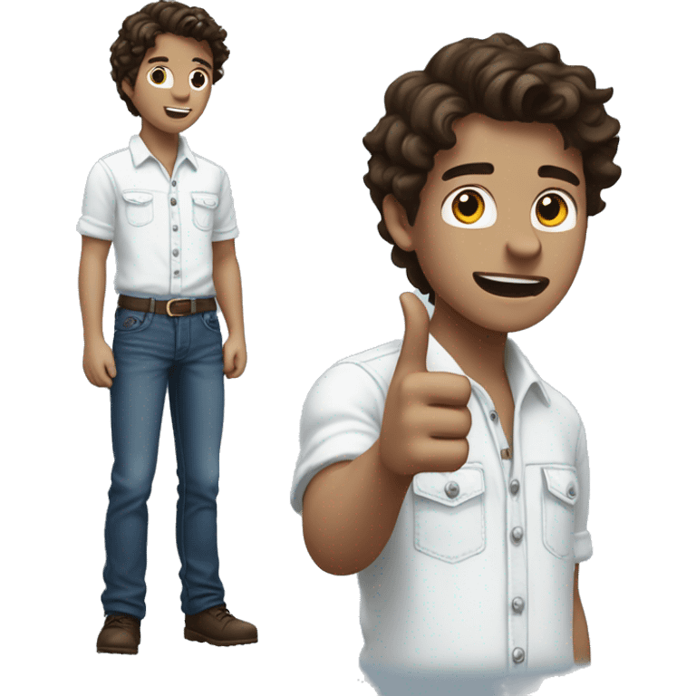 white boy pointing to the sky, dark brown wavy hair, wearing blue jeans overals and white shirt, half body, view from behind emoji