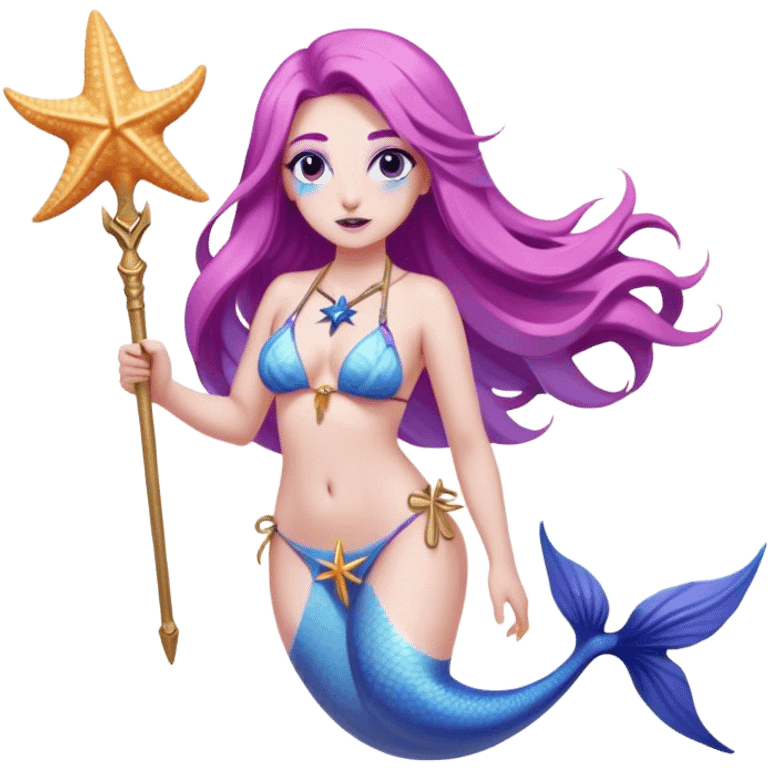 Yellow-toned upper body and a blue fish tail. She has long, flowing pink and purple hair adorned with a blue starfish accessory. She wears a light-colored seashell bikini top and holds a golden trident in one hand. Her expression is confident and friendly. The background is transparent emoji