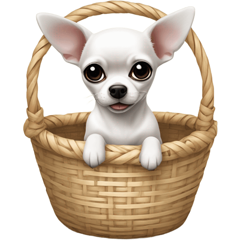 white chihuahua with black ears in basket with bow emoji