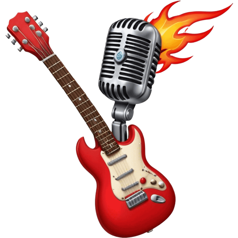 Create a bold and dynamic emoji representing rock vocal performance in a humanless collage. The design should feature a vintage microphone at the center, surrounded by key rock elements like an electric guitar, drumsticks, and a guitar pick. Include symbols of energy, such as lightning bolts or flames, and subtle musical notes or sound waves to evoke the raw power of rock vocals. Use dark, bold colors like black, silver, and red, with hints of chrome or metallic accents to convey the edgy, rebellious spirit of rock music. The background should be transparent. emoji