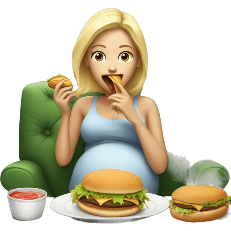 Blonde Pregnant woman eating a burger on the sofa with big teeth emoji