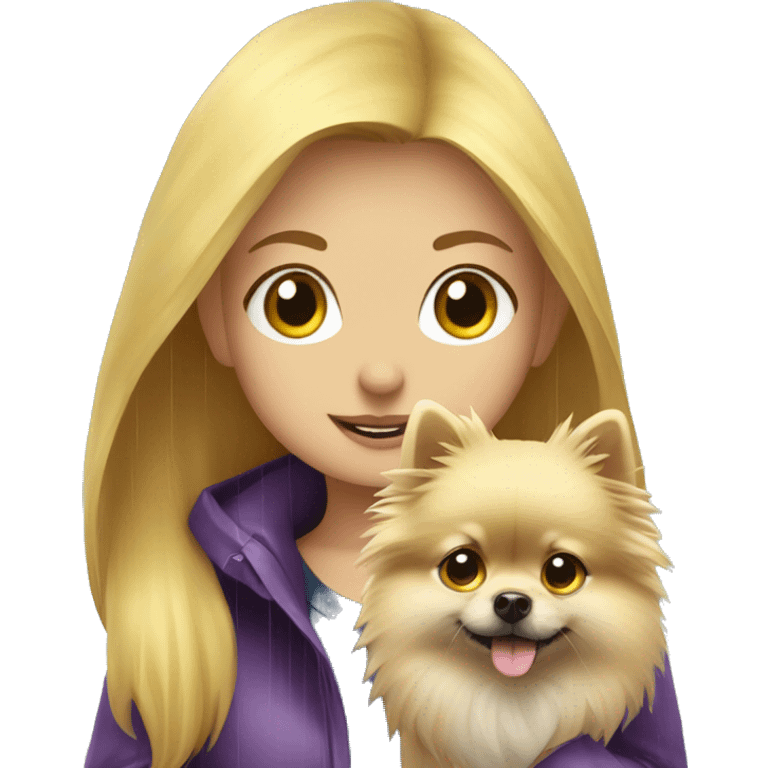 Blonde girl walking pomeranian under the rain emoji