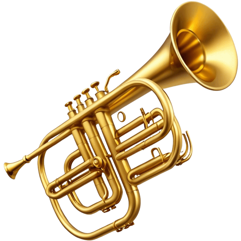 Cinematic Realistic Trumpet, rich golden brass with subtle tarnish marks, soft highlights emphasizing the intricate details, warm reflections of stage lighting bouncing off the metal, glowing with bold and triumphant energy. emoji