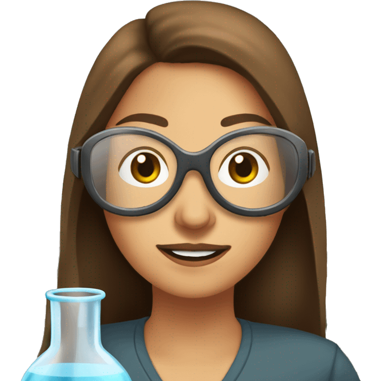 Woman with straight long brown hair wearing clear goggles in a lab class with a traditional bench and beakers  emoji