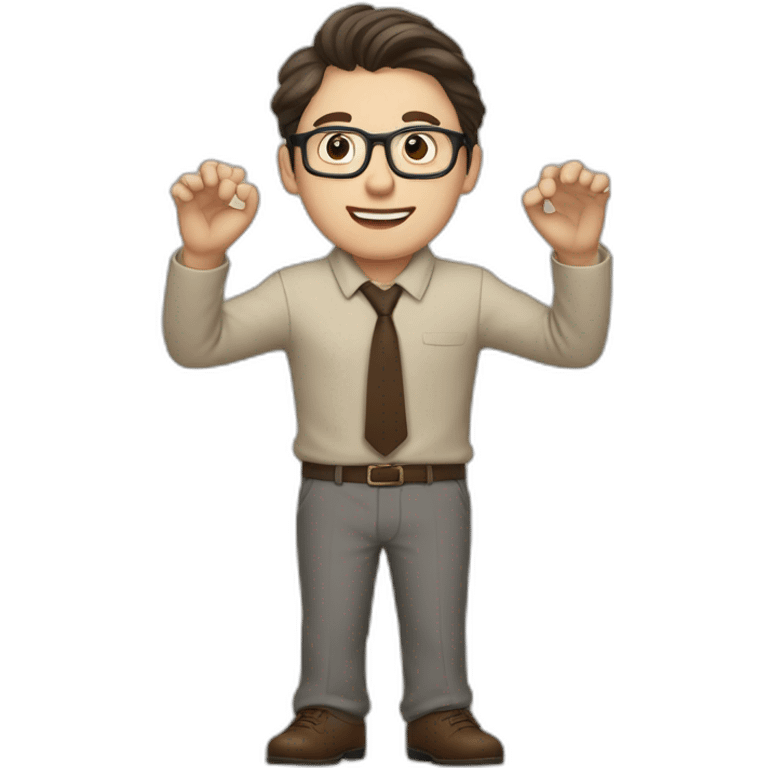 To belt Actively gesturing with hands Pale skinned fit man with dark brown hair in gray jacket, beige office shirt, brown tie, brown pants and vintage glasses. emoji