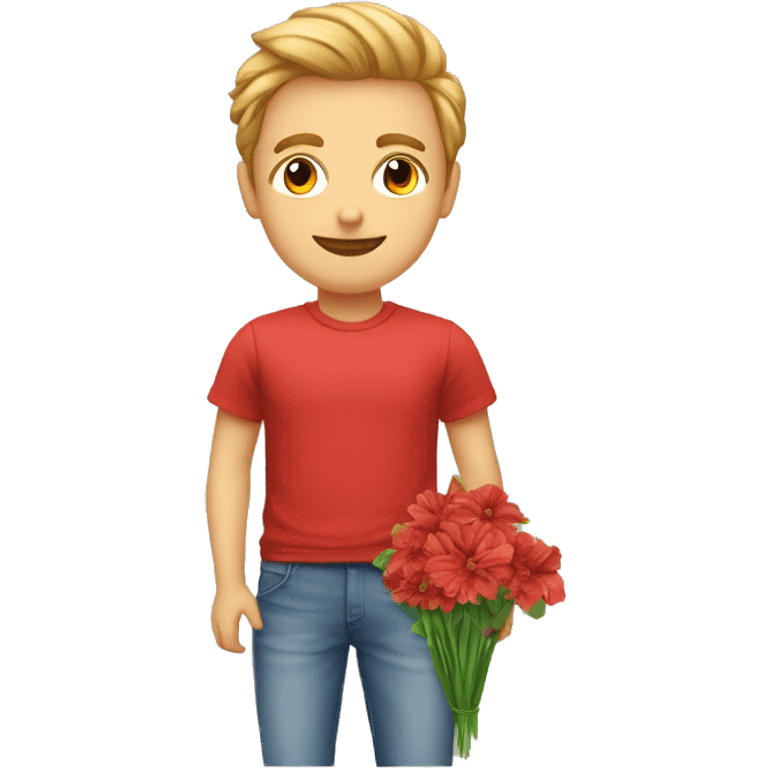 homme blanc avec un teeshirt rouge tenant des fleurs et une pancarte où il y a écrit "Julia<3" emoji