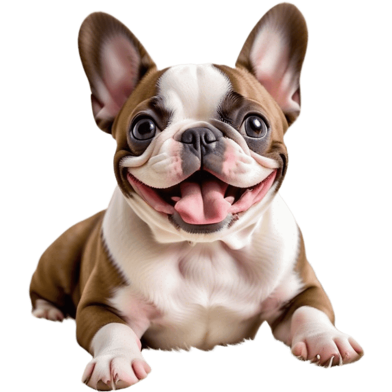 Cinematic Cute Yawning Pied French Bulldog Portrait Emoji, Head tilted with an exaggerated, endearing yawn and sleepy, squinty eyes, showcasing a unique pied fur of contrasting colors with a playful expression, simplified yet irresistibly adorable, highly detailed, glowing with a soft, cozy radiance, high shine, exuding a relaxed, humorous charm, styled with a gentle, soft glowing outline, capturing the essence of a Pied French Bulldog in a blissfully cute yawn that warms the heart! emoji