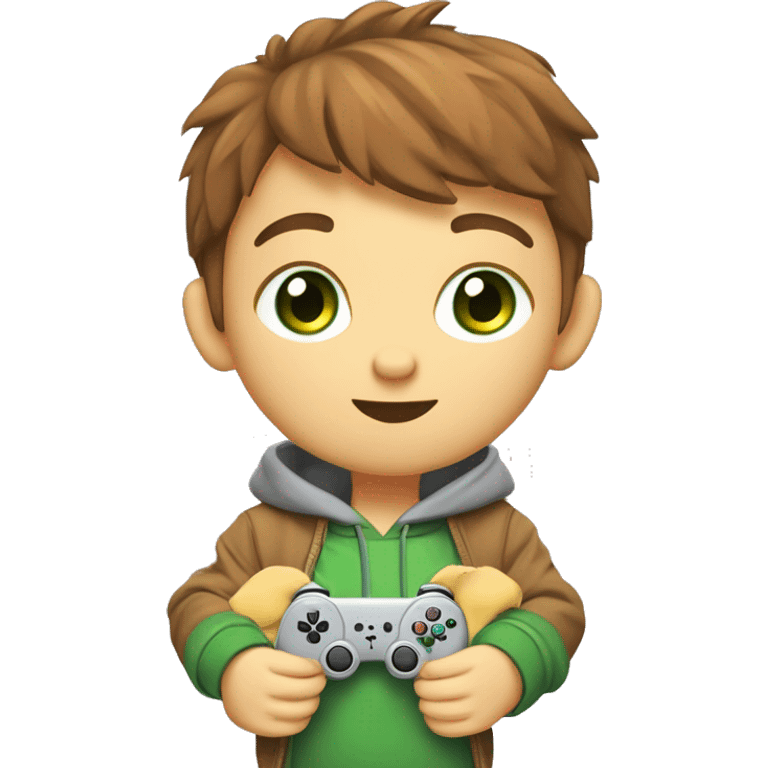 Young cartoon character,
short chestnut hair, green eyes,
grey hoodie, holding controller,
gaming items around, giraffe nearby,
lion cub, playful expression, cool style,
modern look, green background emoji