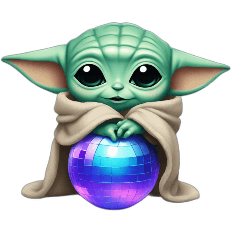 Baby yoda hugging a blue and purple disco ball emoji