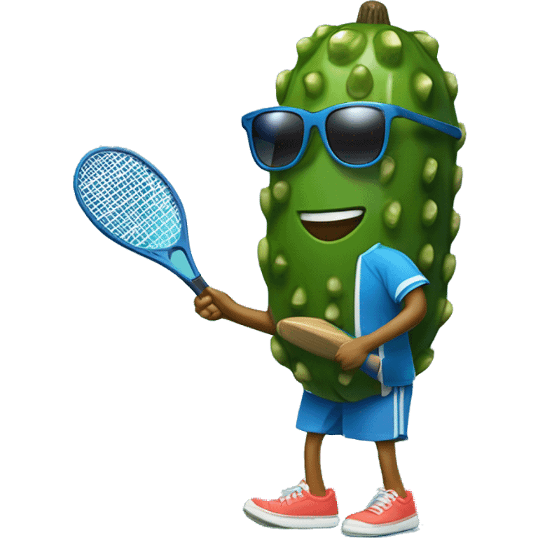 pickle holding a paddle ball racket, blue backgound, wearing sunglasses emoji