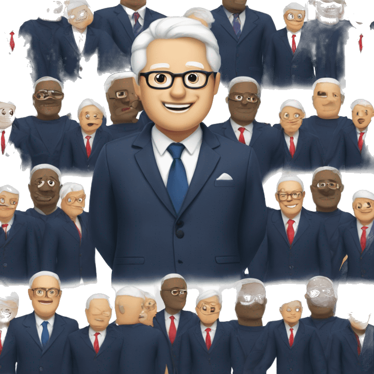 A heavy man, white hair, with glasses, no beard, smiling with teeth, and wearing a navy blue suit and red tie emoji