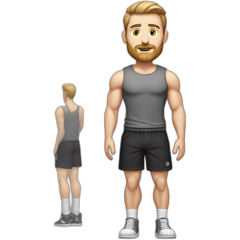 Full height Pale skinned fit man With biceps, Realistic eyes, light brown hair and very short beard In dark gray sleeveless mike, black oversize sports shorts, watch and white sneakers. emoji