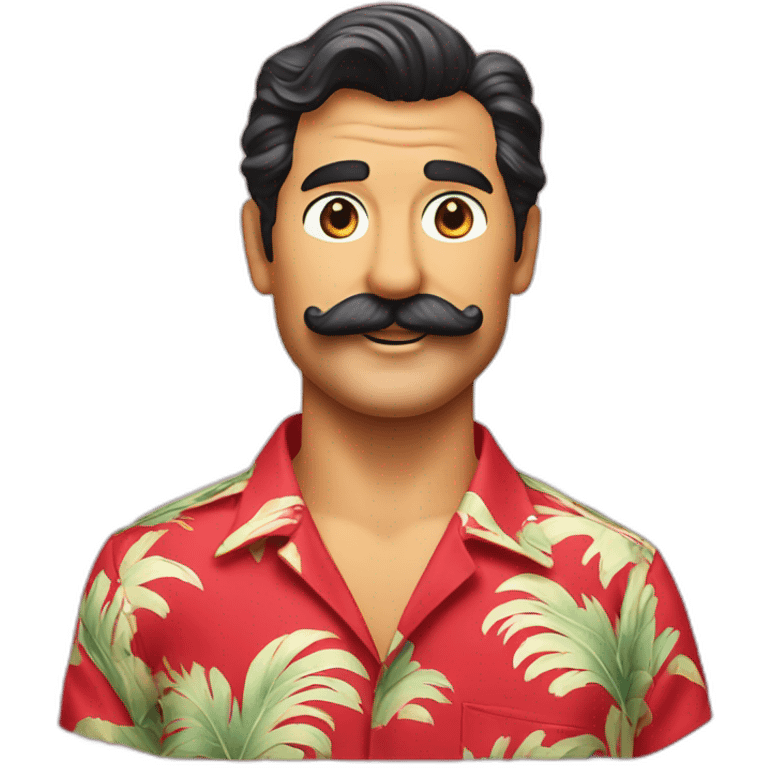 Smiling Magnum PI with a big mustache in a red Hawaiian shirt emoji