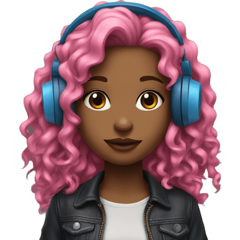 hotgir; rock; leather; girl; pink and blue long curly hair with headphones realisitc  emoji