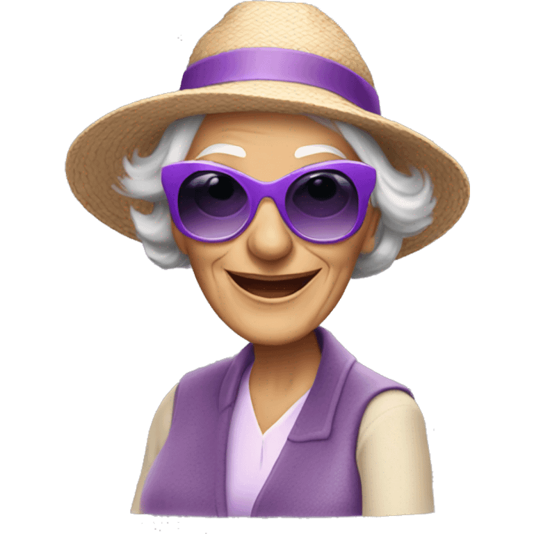 Older lady in a mobility scooter wearing purple sunglasses and a big hat emoji