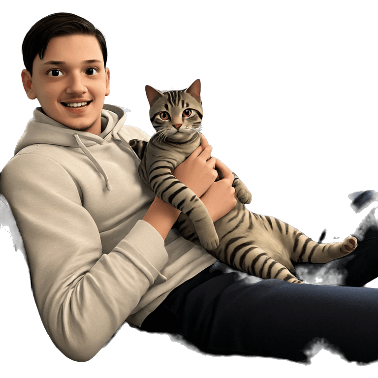 smiling boy holding cat emoji