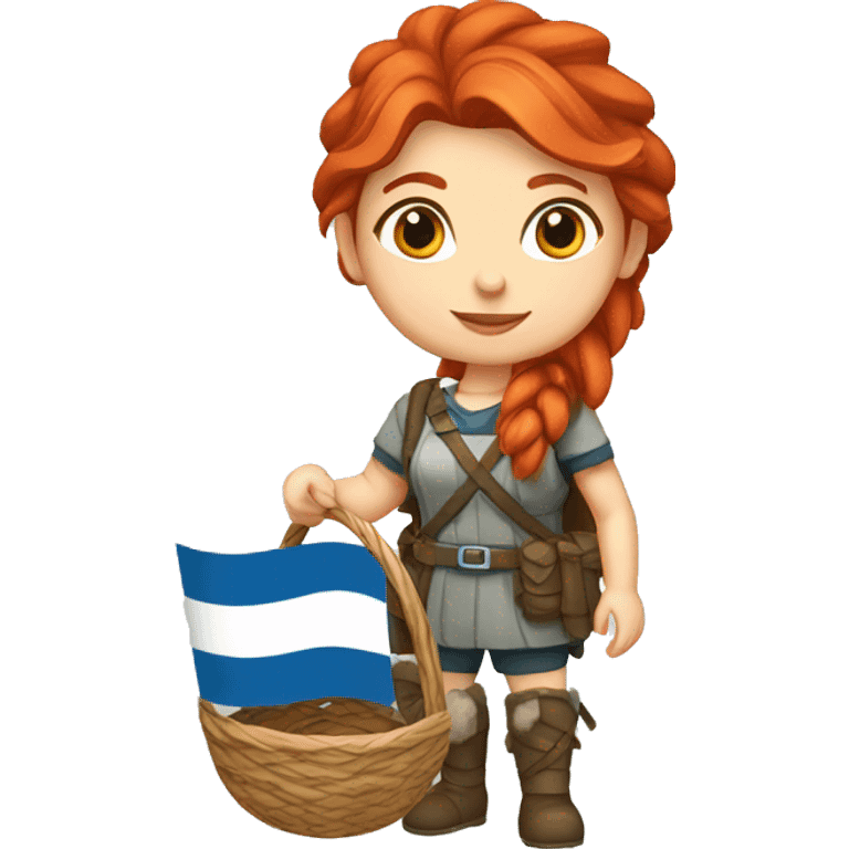 red hair female winter mountaineer with Greek flag and easter basket emoji