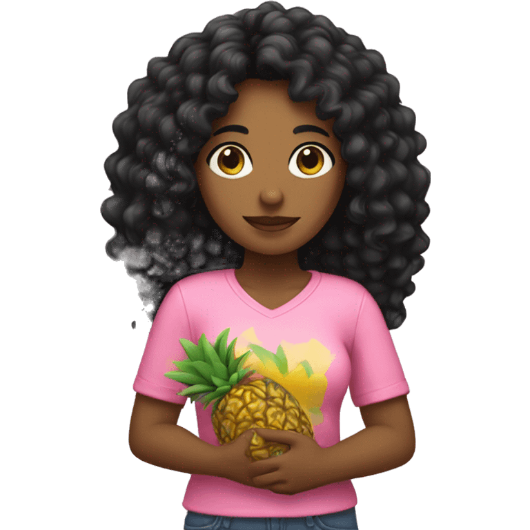 woman with long black curly hair wearing pink holding a pineapple in hands emoji