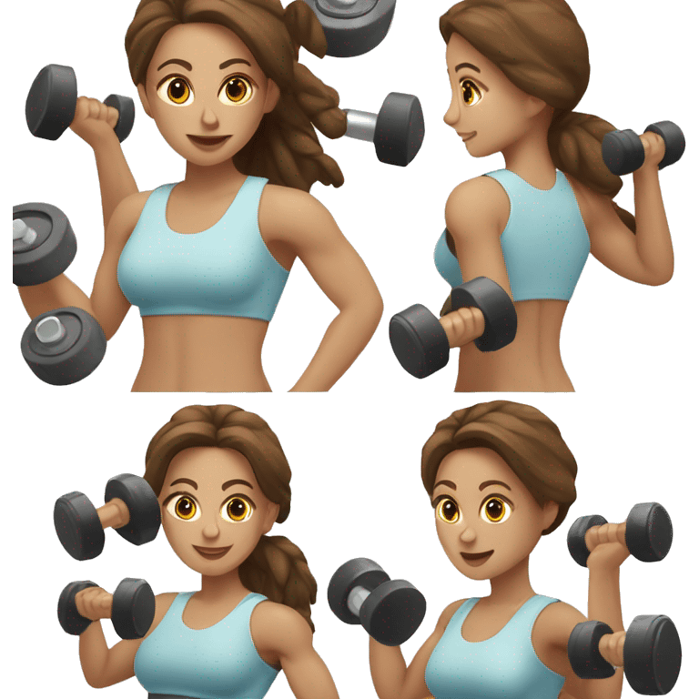 White beautiful fitness women with brown hair with dumbbells in their hands emoji