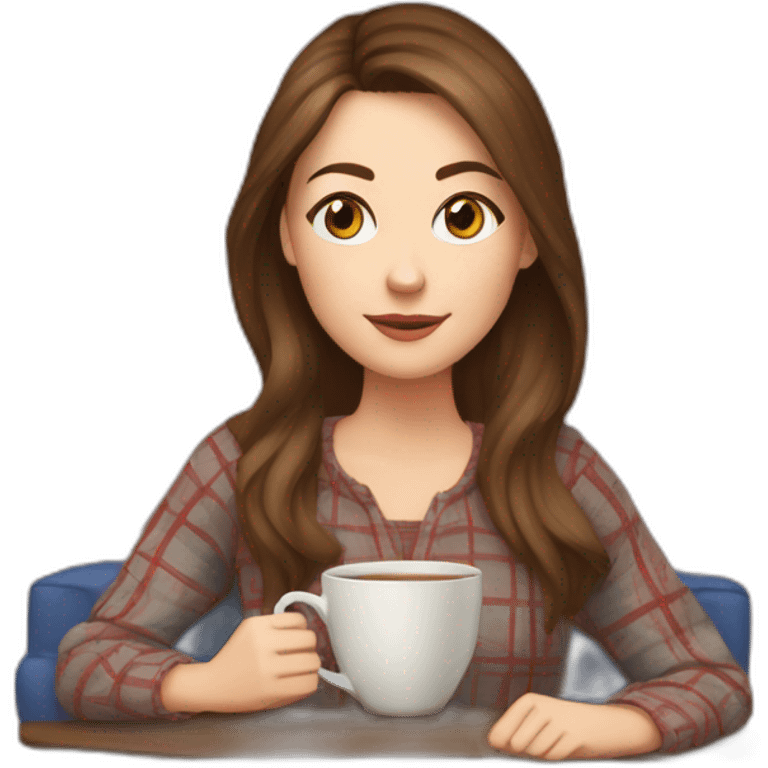 white girl with brown hair drinks tea wrapped in a plaid watching a TV series emoji